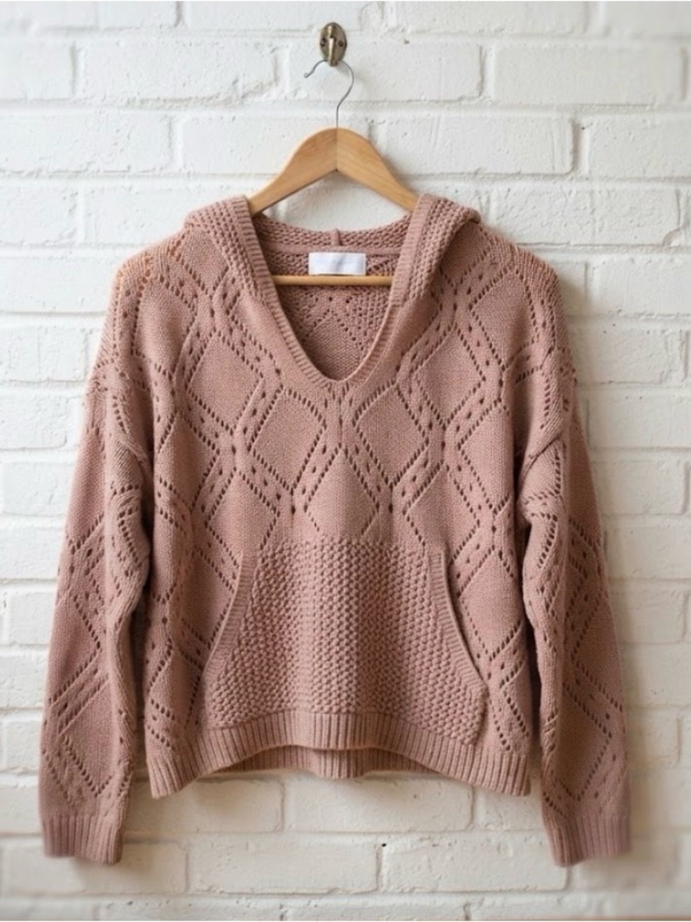 Lucky Brand Dusty Rose Open-Knit V-Neck Hoodie Sweater